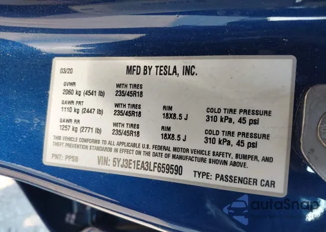 2020 Tesla Model 3 Standard Range Plus Rear-Wheel Drive/Standard Range Rear-Wheel Drive from USA, damaged, VIN 5YJ3E1EA3LF659590